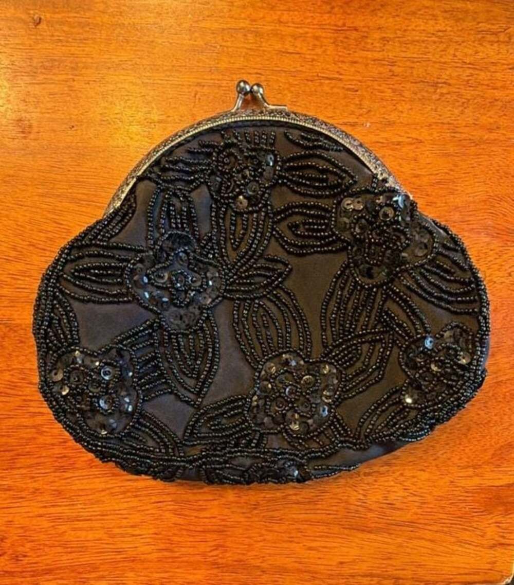 Lulu Townsend Black Beaded Floral Satin Evening Clutch Purse